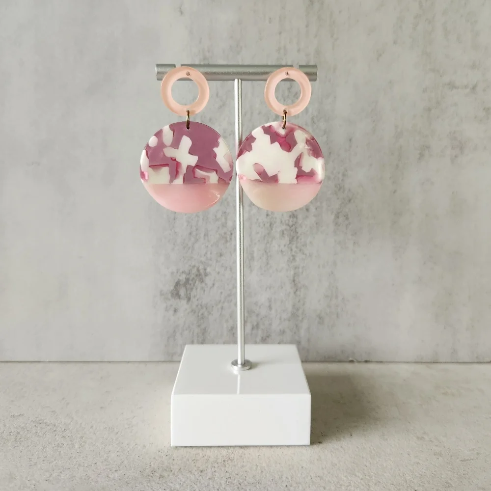 Pink White Acrylic Swirl Round Post Dangle Earrings for Pierced Ears